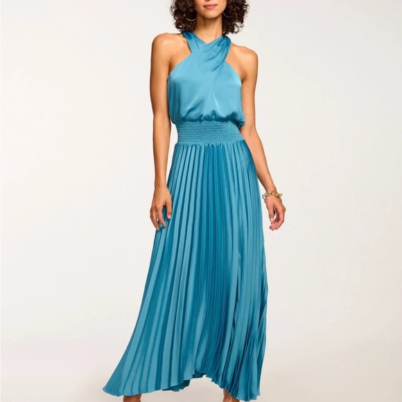 Ramy Brook Arina Blue Pleated Halter Dress for Weddings - Picture 2 of 4